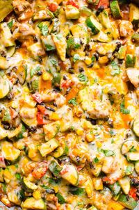 Low carb chicken and zucchini recipe cooked in one skillet with black beans, corn, fresh herbs, taco seasoning and melted cheese on top. #ifoodreal #cleaneating #healthy #recipe #recipes #zucchini #lowcarb #keto