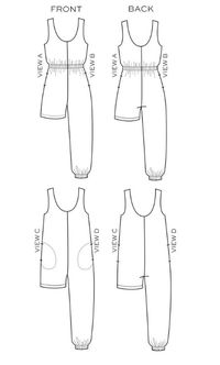 The Nova pattern is a knit jumpsuit with four views. All views have a fully faced neckline and armholes. Views A and B have a wide elastic waistband and inseam pockets. Views C and D have a straight fit through the waist and attached front pockets. Views A and C are a short romper length while Views B and D are long with an elastic casing at the ankle.  Fabric: Light to medium weight knit fabrics with 20% or more stretch such as cotton interlock, T-shirt jersey, and merino wool jersey. Less stab