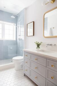 Hex tile and blue shower tile