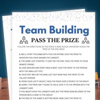 Printable Team Building Pass the Prize WHAT YOU GET Printable Team Building Game in both 5 × 7" Size and 8.5 x 11" (2 per page) HOW IT WORKS: After purchase, you will receive a download link where you will access your PDF files in 8.5 × 11 and 5 x 7 inches (printed as 2 games on an 8.5 by 11 Inch paper or A4) inches size that you can print at home or at the printing shop. You will also receive an email from Etsy with your download(s) or feel free to log in to your account to access your download