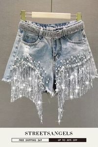 High Waist Slimming Sequined Fringed Ripped Denim Short