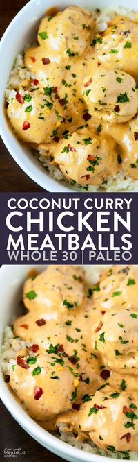 Whole 30 Coconut Curry Chicken Meatballs - these clean eating meatballs are so darn good. Creamy curry with a hint of lime makes this paleo dinner a favorite of the whole family. 21 Day Fix approved! via @RandaDerkson