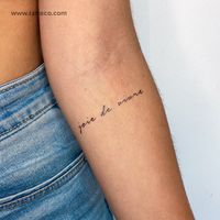 Small “joie de vivre” temporary tattoo. Nº of tattoos 3 Size 2.4 in / 6 cm (width) Has anyone ever said they admire you for your joie de vivre? Are you the type of person that takes life by the horns and truly enjoys every single minute of it? Translated, joie de vivre means a keen enjoyment of life. It’s a way of saying that a person really makes the most of the smaller things in life and turns them into a joyful event like no other. If this describes you down to a T, our joie de vivre temporary tattoo is the perfect piece for you! Created using a hand-scripted, italic font, our joie de vivre temporary tattoo is a beautiful, elegant, and sophisticated design perfect for men and women of all ages. Designed as the ideal ecological alternative for those wanting to reduce their carbon footpri