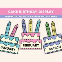 This Cake Birthday display kit is the perfect way to liven up your classroom. Amaze your students with this Printable birthday bulletin board kit complete with 12 month images and editable name tags. Use as a Cake birthday bulletin board display or on your classroom door. ▼THIS KIT INCLUDES - 12 Month Images - Editable Birthday Name Tags - Birthday Banner ▼HERE TO HELP If you have any questions or issues with the file please get in contact. I am more than happy to assist in any issues you have,