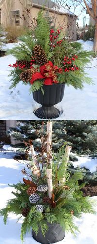 How to create colorful winter outdoor planters and beautiful Christmas planters with plant cuttings and decorative elements that last for a long time! - A Piece of Rainbow