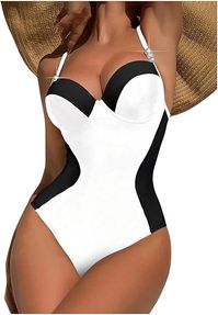 WDIRARA Women's Color Block Pearls Push Up One Piece Swimsuit Monokini Bathing Suit
