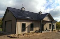 beige tan exterior siding black roof side entry metal building exterior Gray want this Lester Building!