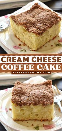 An easy Christmas breakfast everyone will love! Your holiday brunch ideas won't be complete without this cream cheese coffee cake recipe. Not only is this vanilla cake moist thanks to sour cream, but it also has a cream cheese filling and a cinnamon streusel topping!