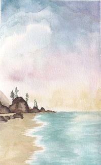 Original watercolour painting of a favourite west coast beach scene at sunset. Beach, rugged shoreline, lapping waves and a pastel sunset.