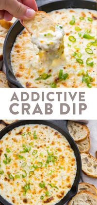 This crab dip is truly addictive! It's a super easy and ultra delicious, rich and creamy appetizer made with crab, green onions, cream cheese, mayo, and cheese. Served with crackers, chips, or bread for the best tailgating, holiday, or party dish. Low carb, keto, gluten free. #appetizer #dip #tailgating #entertaining #keto