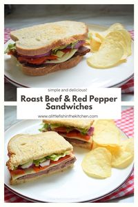 These Roast Beef and Red Pepper Sandwiches are simple, but delicious. This sandwich is made special by it’s layers of richly flavored ingredients. The briny roasted red peppers richly compliment a well-seasoned deli roast beef while the fresh veggies add balance and crispness to each bite. This sandwich will certainly kick your cold cut sandwich game up a notch! #coldcutsandwiches #nocookmeal #nocook #sandwichrecipes #sandwichideas #roastbeefsandwich #roastbeefsandwichrecipes