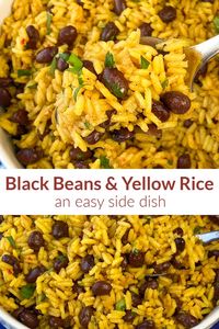 A simple yet flavorful side dish or main dish is this Black Beans and Yellow Rice recipe! Using basic items from the pantry this version of beans and seasoned rice is ready in under 30 minutes. The combo adds protein and fiber in a low fat and nutritionally powerful dish. A little zest from the lime and cilantro along the spices add an enjoyable flavor that is not overpowering. Similar to a make at home version of Taco Bell’s Black Beans and Rice the fresh ingredients amp up the taste.