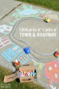 Super Fun and Easy to Make Sidewalk Chalk Art for Kids to PLAY In - A GIANT Sidewalk Chalk Town and Roadway - at B-Inspired Mama