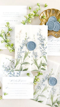 Enclose your suite in a luxurious layer of translucent vellum paper printed with your selection of botanical illustration, and finish it with a wax seal, ribbon, or both!