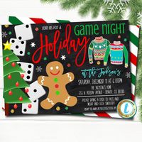 "Holiday Game Night Night Party Invitation Editable Template. Use this Christmas game night party invite for holiday work parties, schools, churches, small holiday gatherings and more! TEMPLATE FORMATTED SIZES: 5\" x 7\" (Invite) Front + Back IMPORTANT: This is a DIY self-editing digital, printable product - I do not edit this file for you. However, I do offer editing services at an extra charge, please reach out if you are interested. * Please note that you are not able to edit this file on an