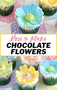 Easy Chocolate Flower Cupcakes are simple, fun, and perfect for any party! Learn how to make chocolate flowers from candy melts, and use them as cake or cupcake toppers. #sugarhero #chocolateflowers #flowercupcakes #springdesserts #springcupcakes