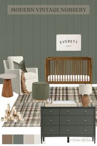 Modern Classic nursery decor mood board with green and brown accent decor! Nursery inspiration for a baby boys room! Masculine nursery decor ideas with a brown walnut crib, green dresser, and a glider chair! This nursery features SW Rosemary wall color