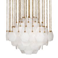 The Jonathan Adler modern homage to glamorous mid-century glass chandeliers. A myriad of 52 (small) or 88 (large) hex-shaped panels of Pulegoso* glass form a diamond shape in our Vienna Chandelier. Each piece is fixed to a metal structure with an ornamental ball.*We searched far and wide to find a workshop that uses the famous Pulegoso technique to trap air bubbles in glass for an opaque luminescence. Small: 20in Dia x 18in H or Large: 26.75in Dia x 49in H Individually hand blown white Pulegoso