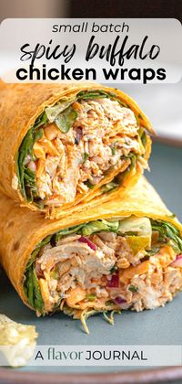 Flavor-packed spicy chicken wrap recipe with rotisserie chicken, buffalo sauce, homemade ranch, and more! This makes two large wraps and comes together in no time! #spicychicken #spicychickenwrap via @aflavorjournal