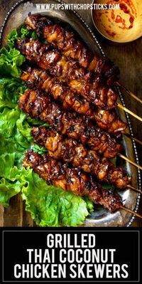 Smoky grilled chicken skewers recipe marinated in ginger, garlic, coconut cream and soy sauce. Then finished with a sweet coconut cream glaze and served with a simple peanut sauce. Big on flavor, super easy to throw together!