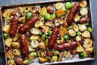 Sheet-Pan Sausages and Brussels Sprouts With Honey Mustard Recipe