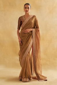 Buy Gold Saree Pure Zari Crush Tissue Embroidered Dori With Shaded Blouse For Women by Taisha Online at Aza Fashions.