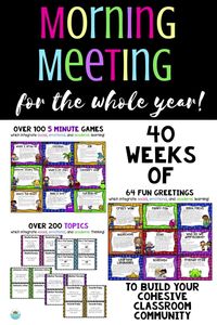 These digital morning meeting google slides are great for your Kindergarten, 1st grade, 2nd grade, 3rd grade, 4th grade or 5th grade students! They include morning meeting greetings, share questions, fun activities, and editable message templates. The whole year is planned for you with quick, simple community building morning meeting ideas and a consistent routine. Perfect for circle time and responsive classroom. Great way to infuse social emotional learning for kids.