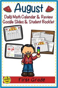 Do you need a great math class starter that can be used with Google Slides or as a student booklet? This  First Grade Daily Calendar and Math Review Google Slides & Student Booklet for August has students practice calendar skills;  report the daily weather; work on money skills;  review math skills; and answer story problems. There are 25 slides or student math review sheets.  #math #mathfacts #calendar #money #firstgrade #digital #Googleslides #theteachingscene #theteachingscenebymaureen