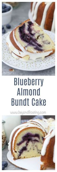 This Blueberry Almond Bundt Cake is a traditional pound cake filled with a homemade blueberry pie sauce and topped with a cream cheese glaze and almonds.