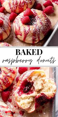 These baked raspberry donuts are so ridiculously fluffy and soft!! They're basically like a lazier version of jelly filled donuts - with the filling baked right on top with the donuts inside a center indent (kind of like a thumbprint cookie!) It's all topped off with an easy raspberry icing and light dusting of powdered sugar.  ... less