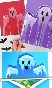 Ghost Squeegee Scrape Art fun Halloween art idea for kids. Use a squeegee and strategically placed paint marks to scrape a spooky ghost picture #halloweenart #ghostart #ghost #squeegeeart