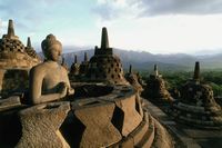 Barabudur, a 9th century Mahayana Buddhist monument near Mageland, Indonesia. The monument is decorated with 2,672 relief panels and 504 Buddha statues.