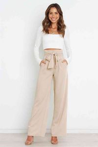 Belt Waist Elastic Wide Leg Black Long Pants