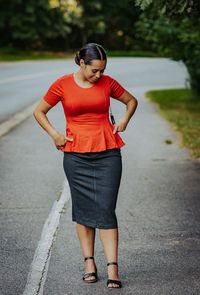 This outfit features our fall pencil skirts in charcoal matched with a red half sleeve peplum top.