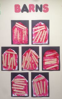 Free expression barns on the farm. Toddler children painted with red paint and glued on an assortment of Popsicle sticks.