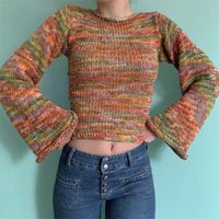 Women's Autumn Casual Rainbow Crop Tops Long Sleeve Slim Fit Crimping Sweater Streetwear Knitted