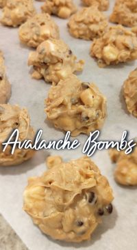 Avalanche Bombs! An easy no-bake recipe that’s somewhere between rice krispy treats and peanut butter fudge made with almond bark, peanut butter, crispy rice cereal, marshmallows and mini chocolate chips.