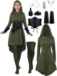 PRICES MAY VARY. Complete Medieval Costume Set: This women renaissance costume set includes what you need for an authentic medieval look: 1 renaissance dress, 1 elastic waist belt, 1 leather belt, 1 pair of leather gloves, 1 leather pouch, 1 pair of stockings,2 elf ears, 1 elf headpiece, 2 earrings, and 1 box of face glitter. With 10 items in total, it's great for costume parties and role-playing events. High-quality Materials for Comfort: Our women elf costume is made primarily from polyester a