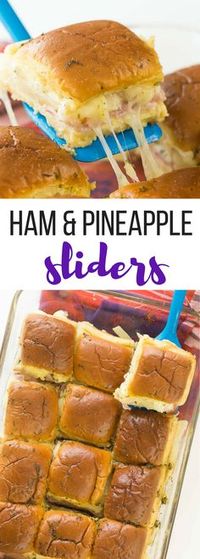 These Hawaiian Ham and Pineapple Sliders are an easy appetizer, lunch or dinner with just a few ingredients. Perfect for a potluck barbecue, game day or a fun weeknight meal! Includes step by step recipe video | easy recipe | game day | superbowl | football | party food | party ideas