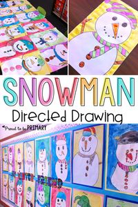 Do you love teaching directed drawings in your primary classroom? Kids will LOVE the winter friend snowman directed drawing art activity. Decorate your classroom walls with Frosty and his friends this winter! #snowmanart #snowman #artforkids #snowmanactivities #snowmancrafts #kidart #directeddrawing #winteractivities #winterart