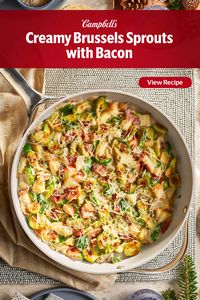 This Creamy Brussels Sprouts with Bacon recipe has all the flavors- savory Brussels sprouts, sweet onion and salty bacon, all in a rich creamy sauce.  It's a perfect holiday side, with only 6 ingredients and it all cooks in one pan, from stove to oven to table! The Cream of Mushroom Soup pulls it all together, turning the separate ingredients into a delicious, creamy vegetable casserole.  Creamy Brussels Sprouts with Bacon will be one of your favorite Easter dishes!