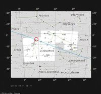 This chart shows the naked-eye stars visible on a clear dark night in the sprawling constellation of Aquarius, where the new star system is located. The position of the faint and red ultracool dwarf star Trappist-1 is marked. Although it is relatively close to the sun, it is faint and not visible in small telescopes