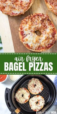 Ditch the frozen Bagel Pizza Bites, and make your own at home with this simple recipe for Homemade Bagel Pizzas that come together in less than 10 minutes! Made with a toasted bagel, pizza sauce, and cheese these Air Fryer Pizzas come together FAST for a crispy, toasted Bagel Pizza that makes a great snack or quick lunch.