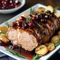 Cranberry Dijon Pork Loin Roast with Apple Cider Glaze  Ingredients:  3 lb pork loin roast 1 cup fresh cranberries 1/4 cup Dijon mustard 1/4 cup brown sugar 2 tablespoons olive oil 1 cup apple cider 1 tablespoon apple cider vinegar 1/2 teaspoon salt 1/4 teaspoon black pepper Fresh thyme sprigs for garnish (optional)