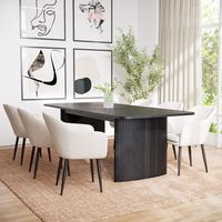 . This bundle includes  . Black Oak Extendable Dining Table - Jarel . 6 x Cream Boucle Dining Chairs - Ally . Care instructions - . Please use heat-protective mats and; coasters when placing food and; hot/cold drinks onto the table to protect the natural oak wood clean up any spills straight away as oak wood is porous and will absorb liquids. Features we love Black extendable dining table with textured legs6 cream boucle upholstered dining chairs Large modern dining set for 6 guestsPerfect