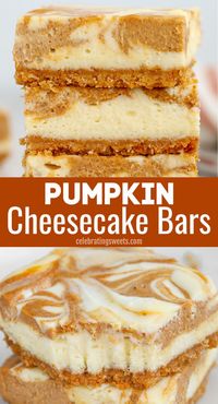 These swirled Pumpkin Cheesecake Bars feature the flavors of pumpkin pie and creamy cheesecake on a graham cracker crust. This is a delicious and crowd-pleasing holiday dessert that is way easier than making traditional cheesecake.