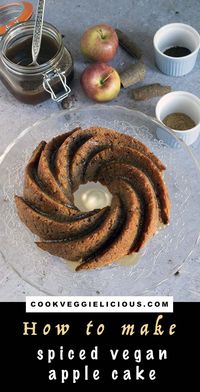 A spiced vegan apple cake that's packed full of sweet tasty apples and is flavoured with fragrant cinnamon, ginger and allspice. Finished off with a salted caramel drizzle this is vegan cake heaven. #vegancake #veganapplecake #veganbaking