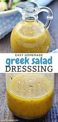 Homemade Greek Salad Dressing is made with red wine vinegar, garlic, olive oil, lemon, dijon mustard, oregano, and pepper making the best simple salad dressing recipe ever! Also, it's perfect over a Greek salad! Save this for later!