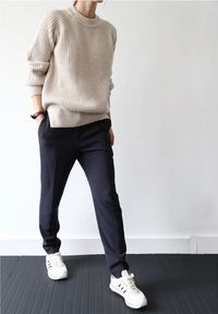 beige knit, navy pants & sneakers #style #fashion