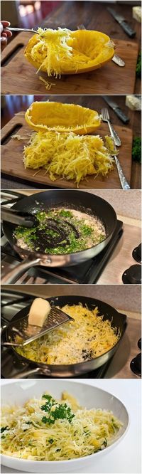 Baked Spaghetti Squash with Garlic and Butter | A 1 Nice Blog [Sub butter with coconut oil or coconut ghee if you can't/don't use butter - or use grapeseed oil as it has no sat fat which is more inflammatory. You could also use olive oil, but don't heat it as that oxidizes it making it unhealthy. ~Dotslady]